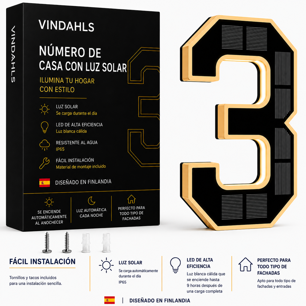 Vindahls Numery domu | Podświetlane i zasilane energią słoneczną