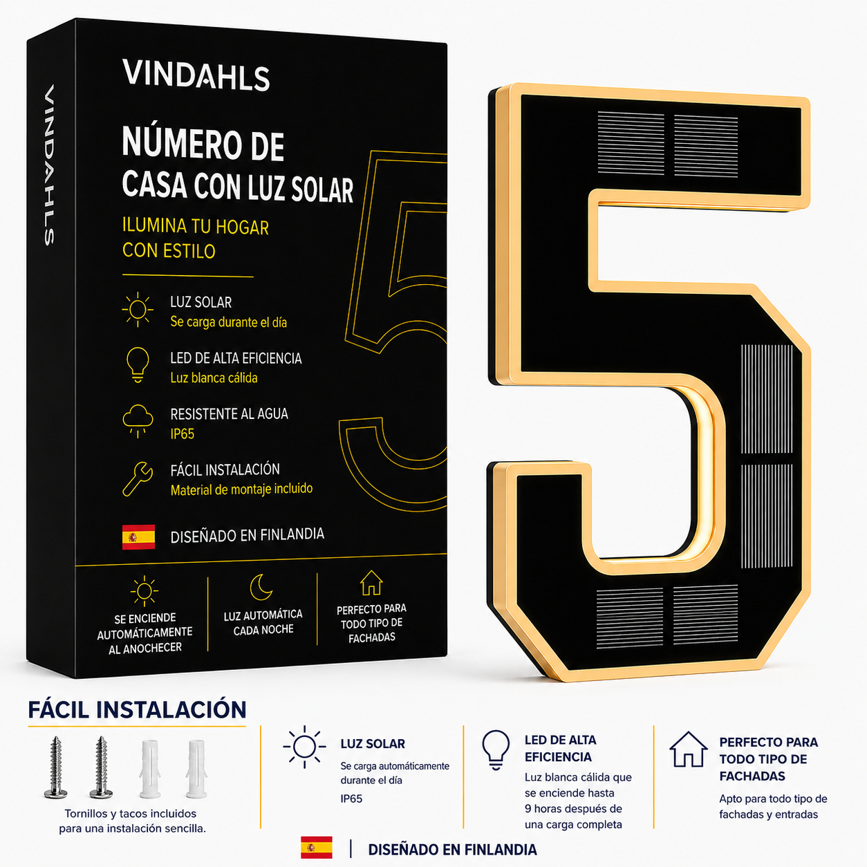 Vindahls Numery domu | Podświetlane i zasilane energią słoneczną