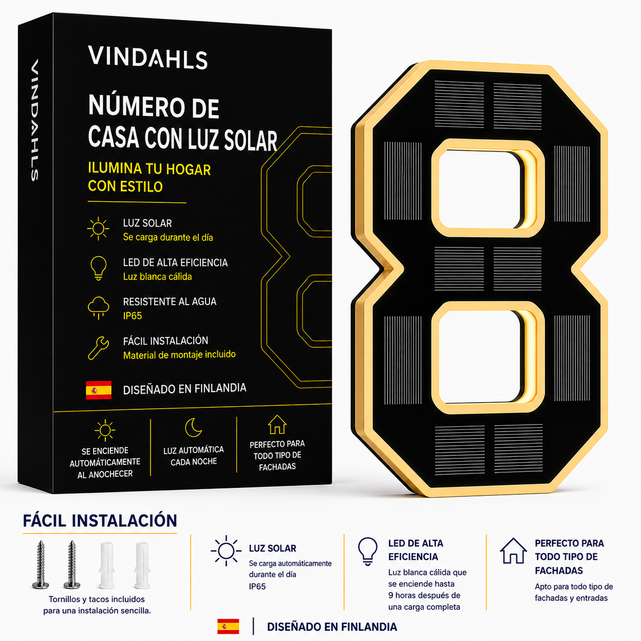 Vindahls Numery domu | Podświetlane i zasilane energią słoneczną