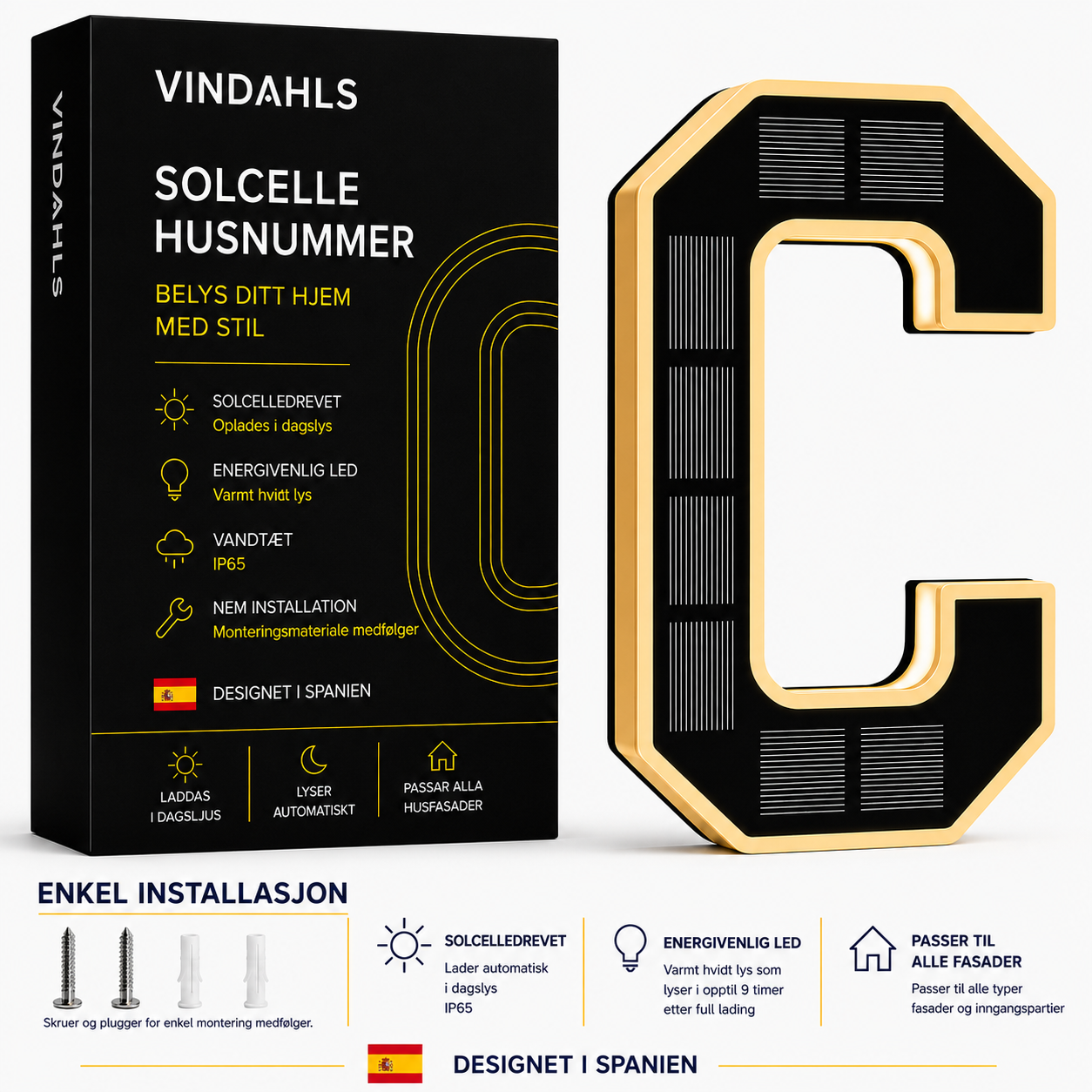 Vindahls Numery domu | Podświetlane i zasilane energią słoneczną