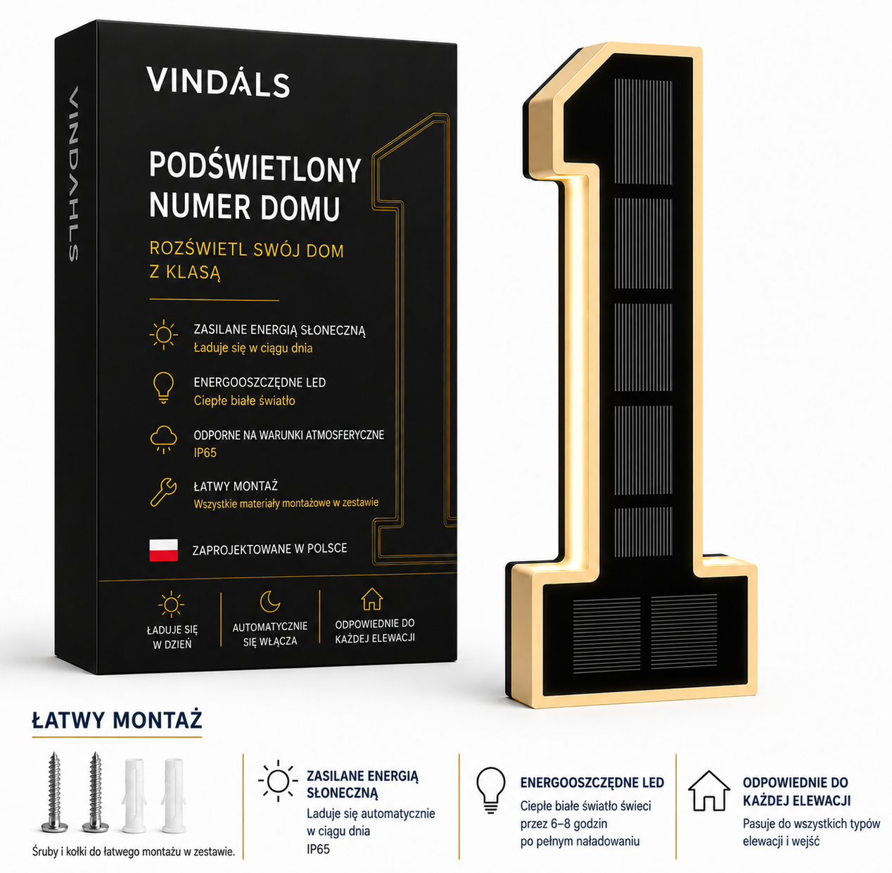 Vindahls Numery domu | Podświetlane i zasilane energią słoneczną