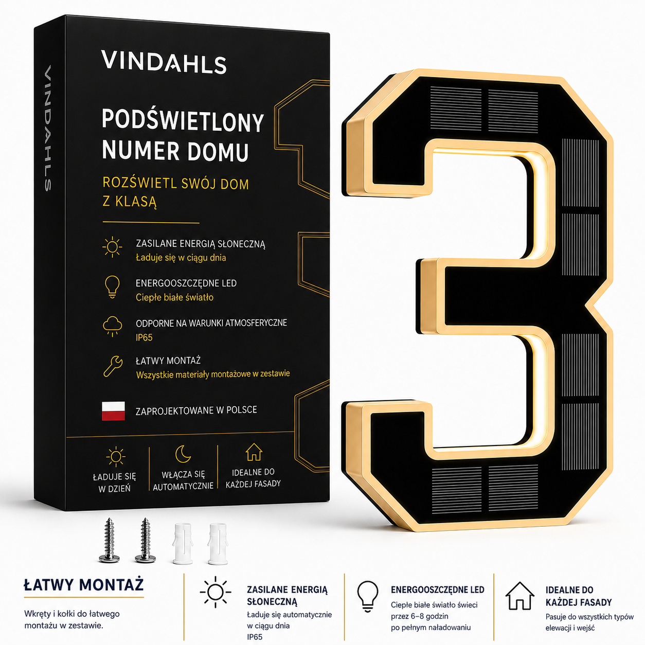 Vindahls Numery domu | Podświetlane i zasilane energią słoneczną