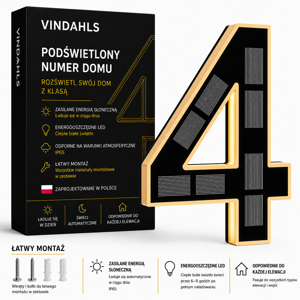 Vindahls Numery domu | Podświetlane i zasilane energią słoneczną