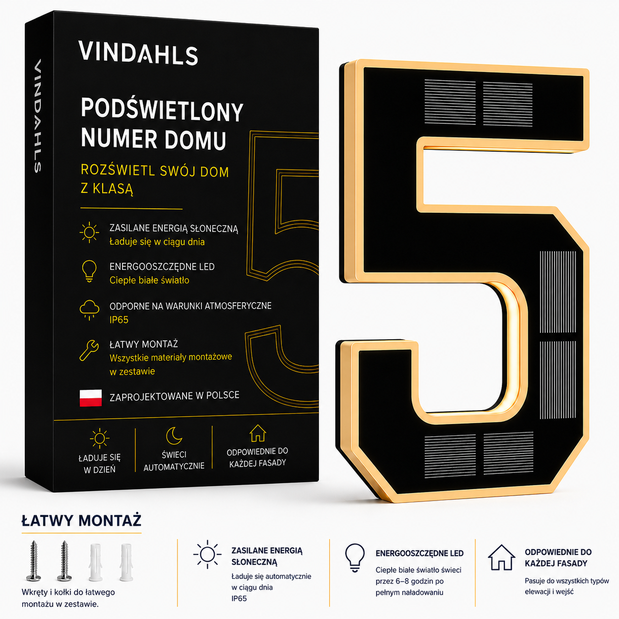 Vindahls Numery domu | Podświetlane i zasilane energią słoneczną