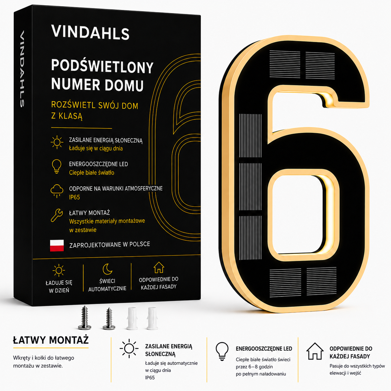 Vindahls Numery domu | Podświetlane i zasilane energią słoneczną