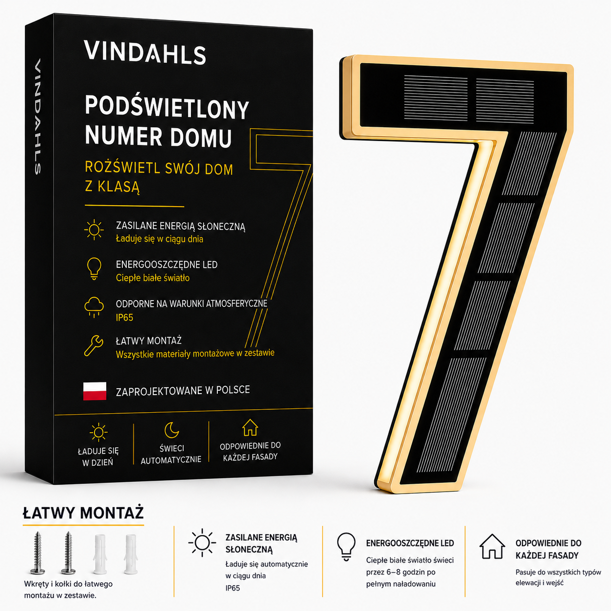Vindahls Numery domu | Podświetlane i zasilane energią słoneczną