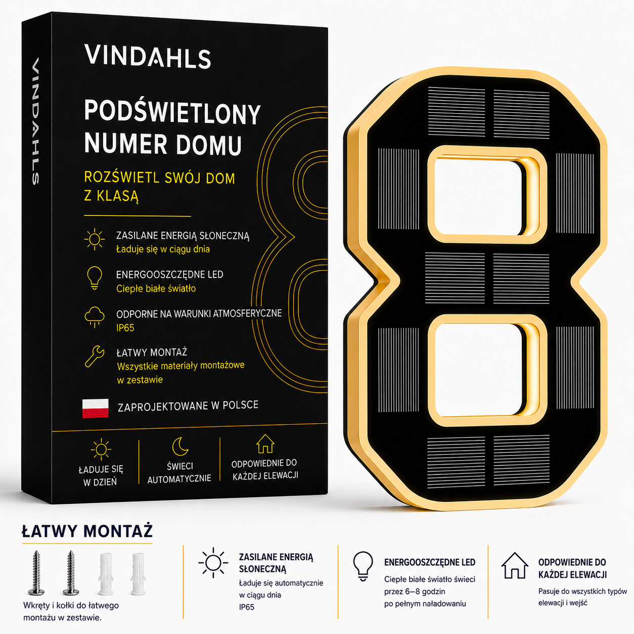 Vindahls Numery domu | Podświetlane i zasilane energią słoneczną