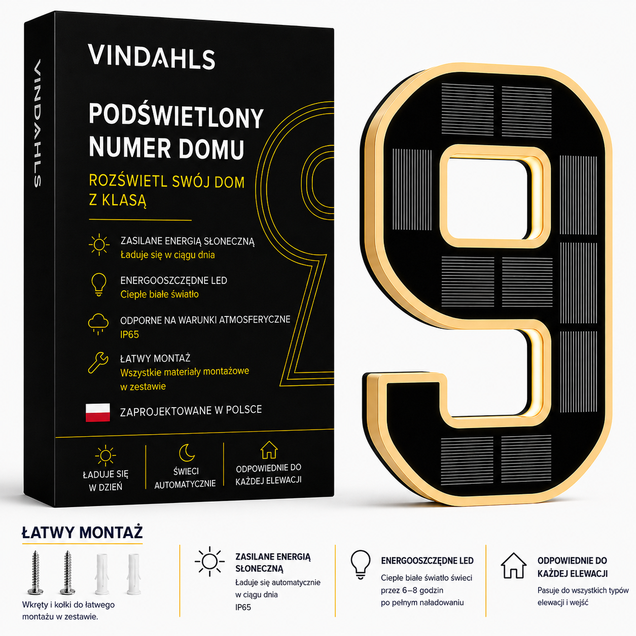 Vindahls Numery domu | Podświetlane i zasilane energią słoneczną