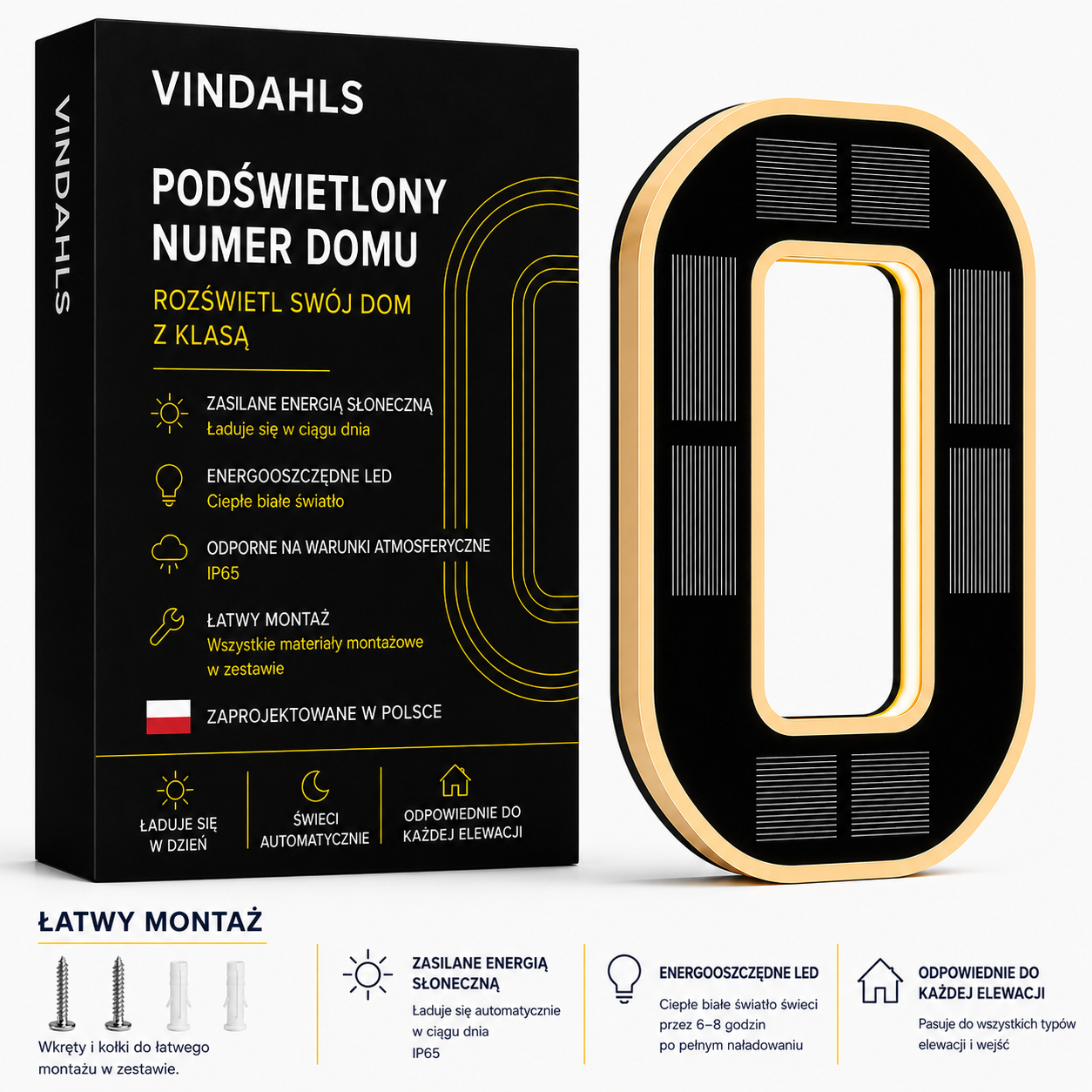 Vindahls Numery domu | Podświetlane i zasilane energią słoneczną