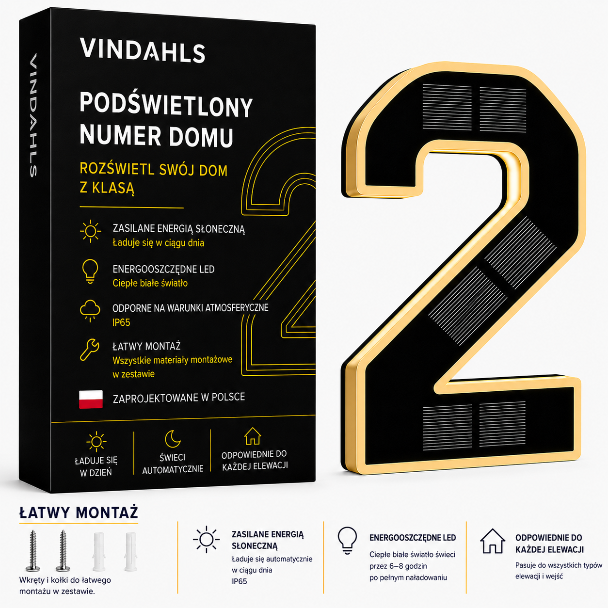 Vindahls Numery domu | Podświetlane i zasilane energią słoneczną