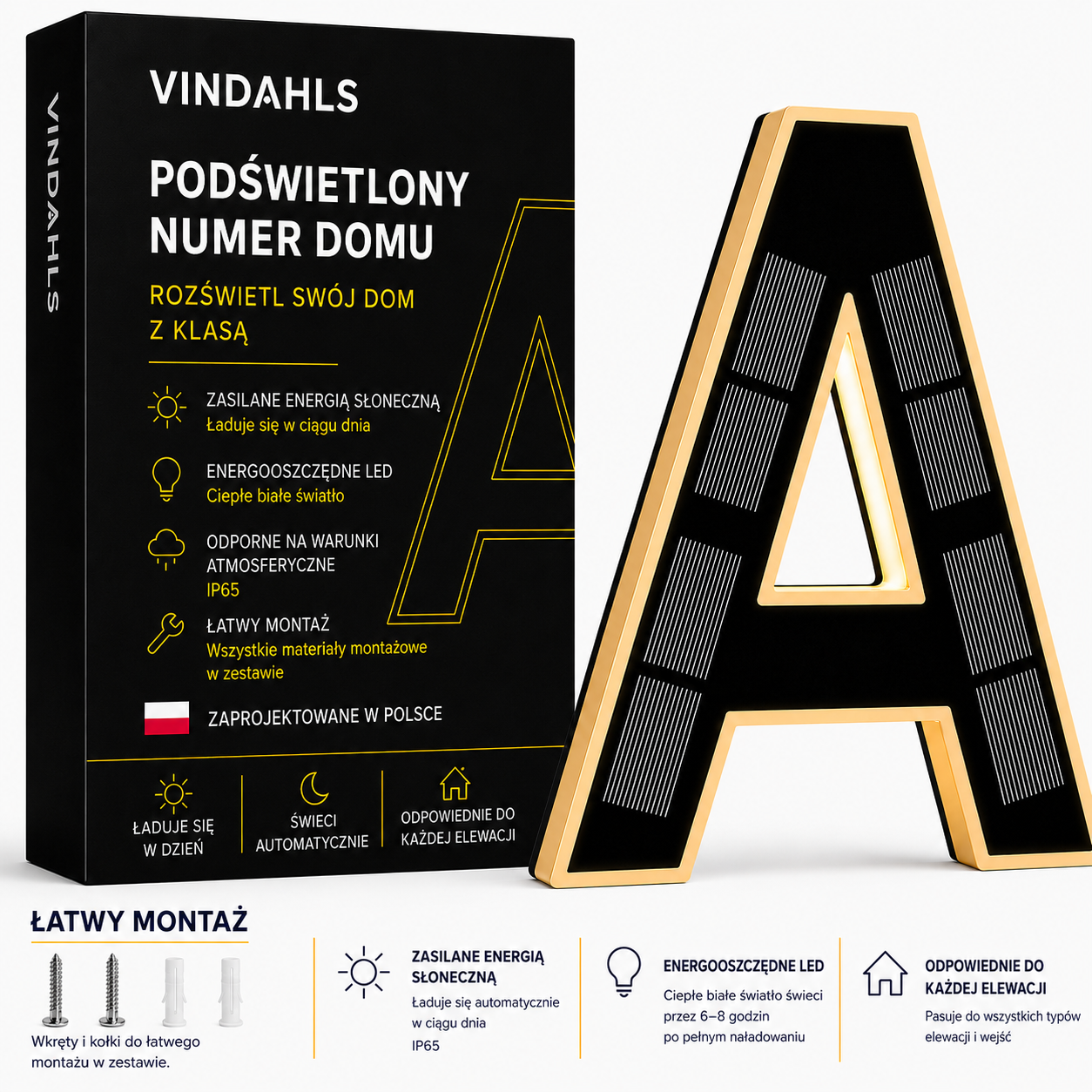 Vindahls Numery domu | Podświetlane i zasilane energią słoneczną