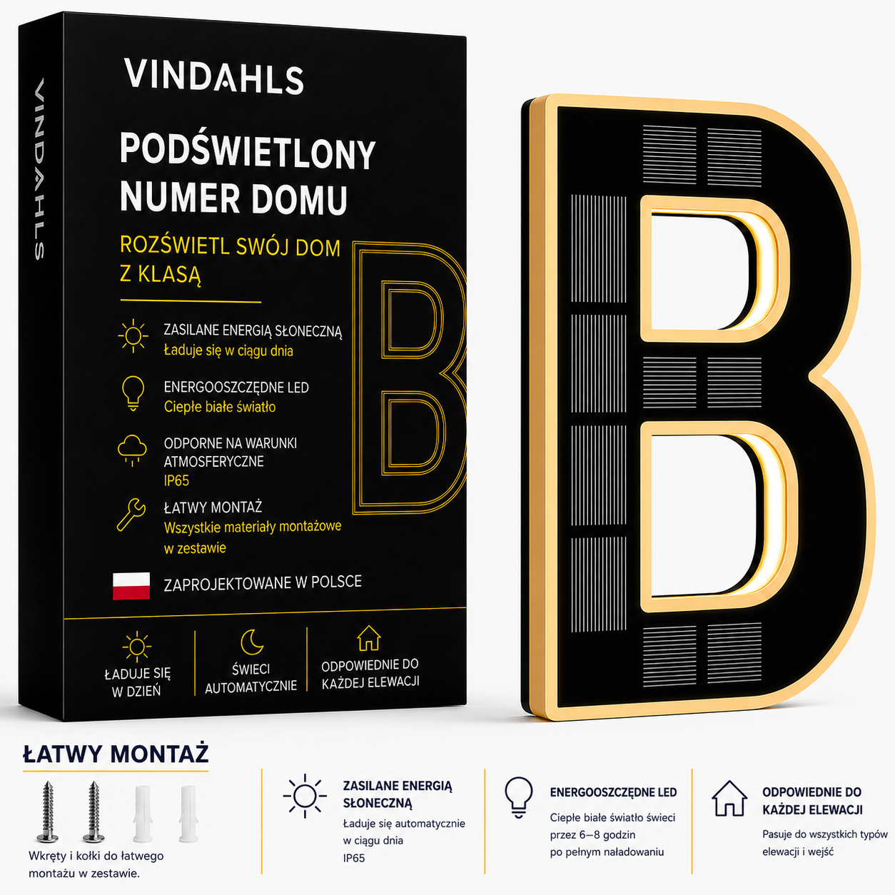 Vindahls Numery domu | Podświetlane i zasilane energią słoneczną