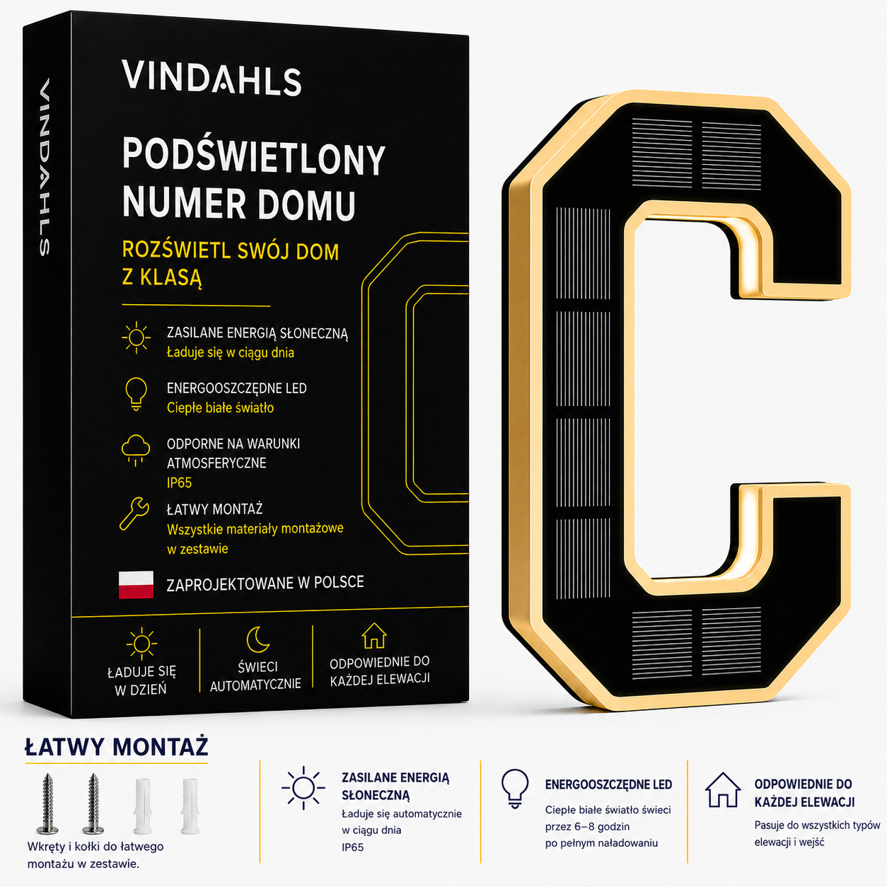 Vindahls Numery domu | Podświetlane i zasilane energią słoneczną