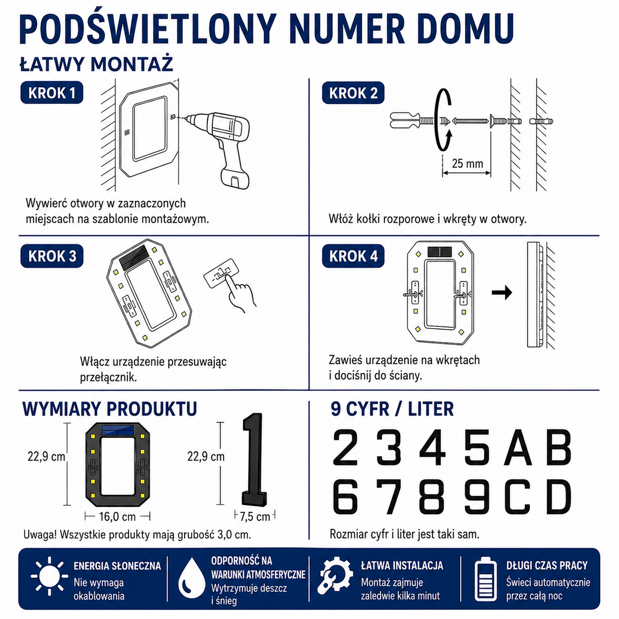 Vindahls Numery domu | Podświetlane i zasilane energią słoneczną